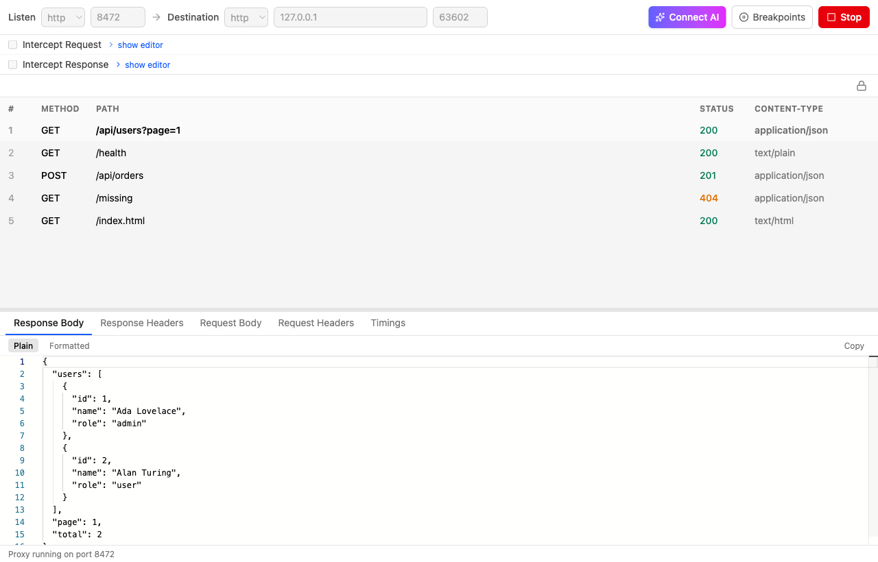 Reversee inspecting HTTP traffic: a table of requests with methods, status codes and content types, and a JSON response body in the detail pane.