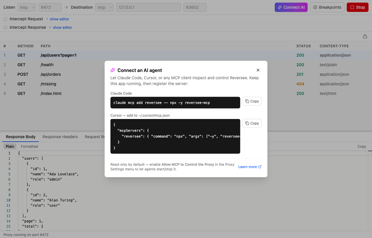 Reversee's Connect AI dialog showing the Claude Code command and Cursor JSON, with copy buttons.