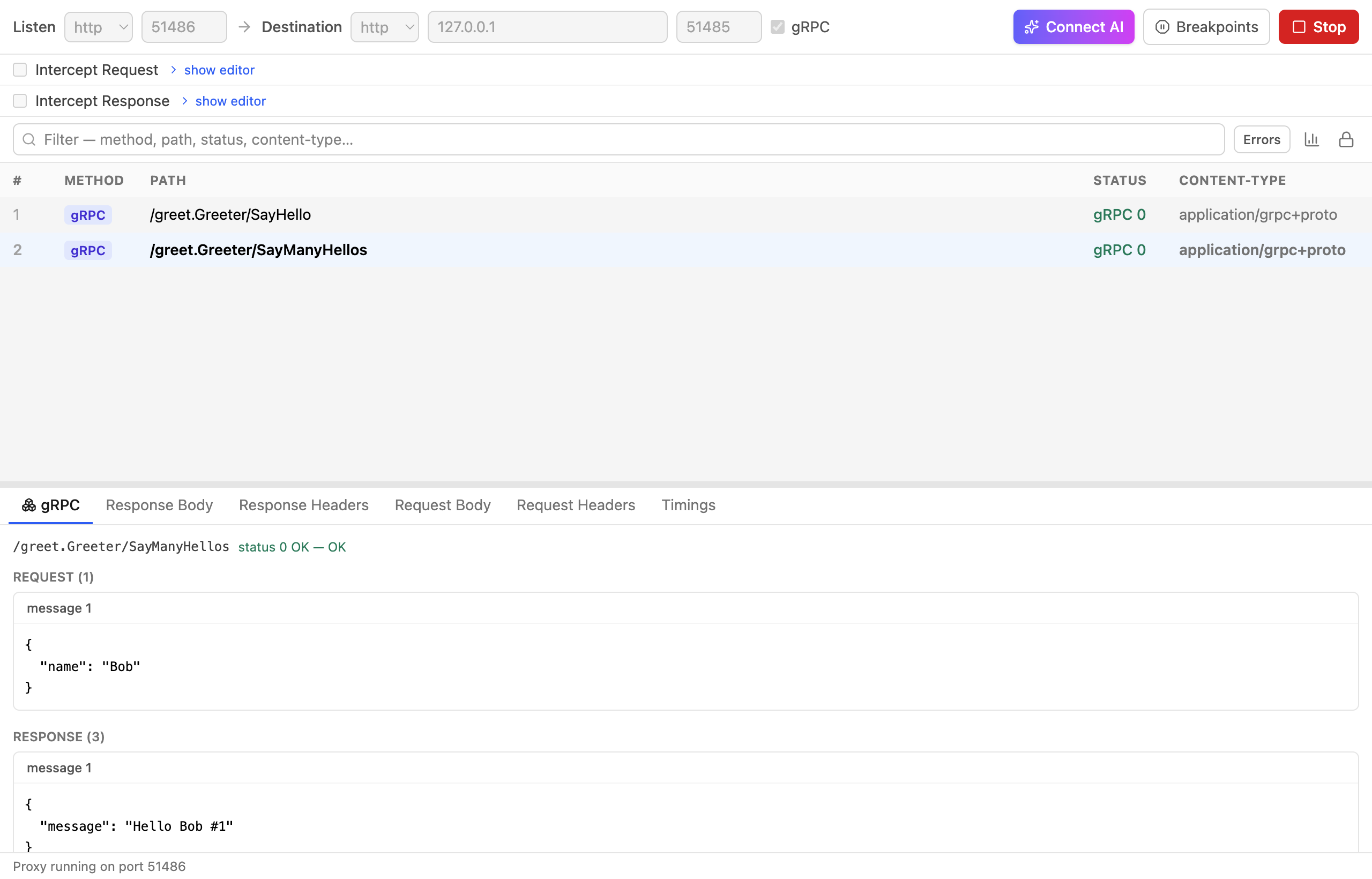 Reversee decoding gRPC: a traffic table of gRPC calls with grpc-status, and a detail pane showing the request and response protobuf messages as JSON.